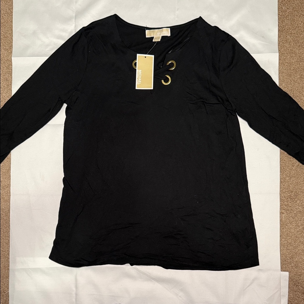 Michael Kors Black Long Sleeve Top with Gold Eyelet Accent